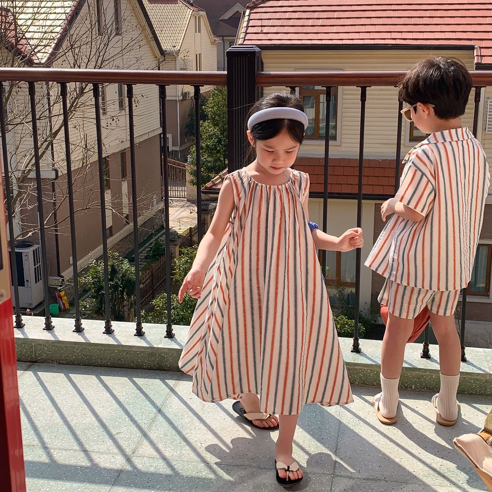 Striped Vest Dress And Short-sleeve Shorts Set