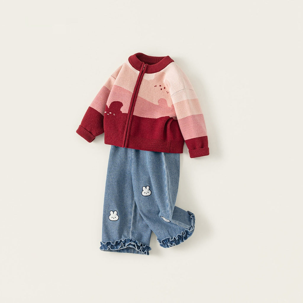 Cartoon Girls Sweater Jeans Set Acrylic Knitted