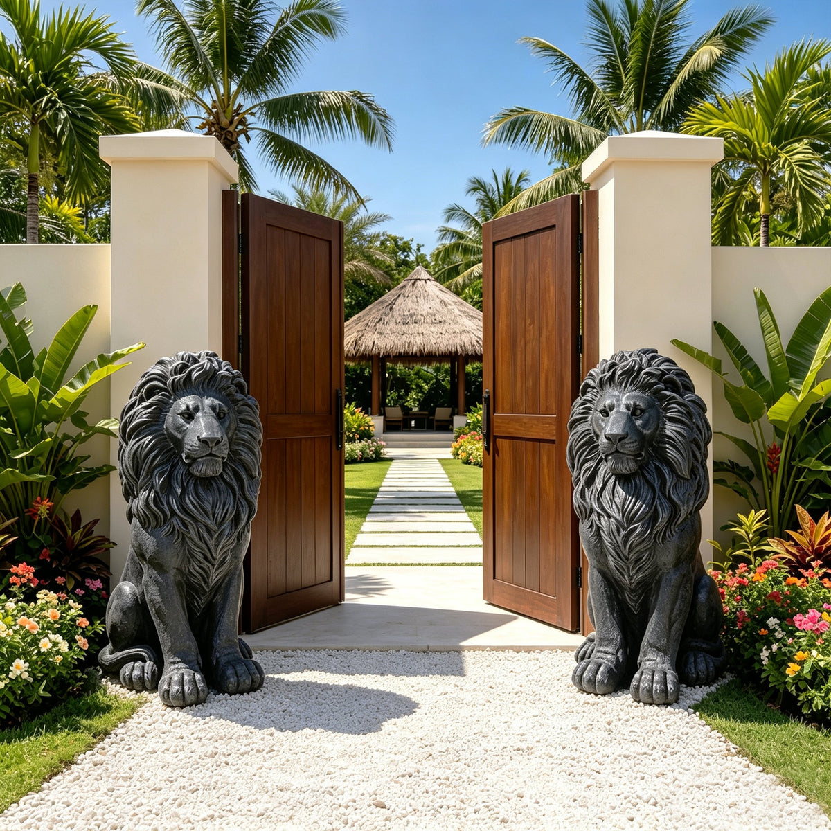 Elegant Sitting Lion Statue with Matte Black Finish - 20.67 Inches