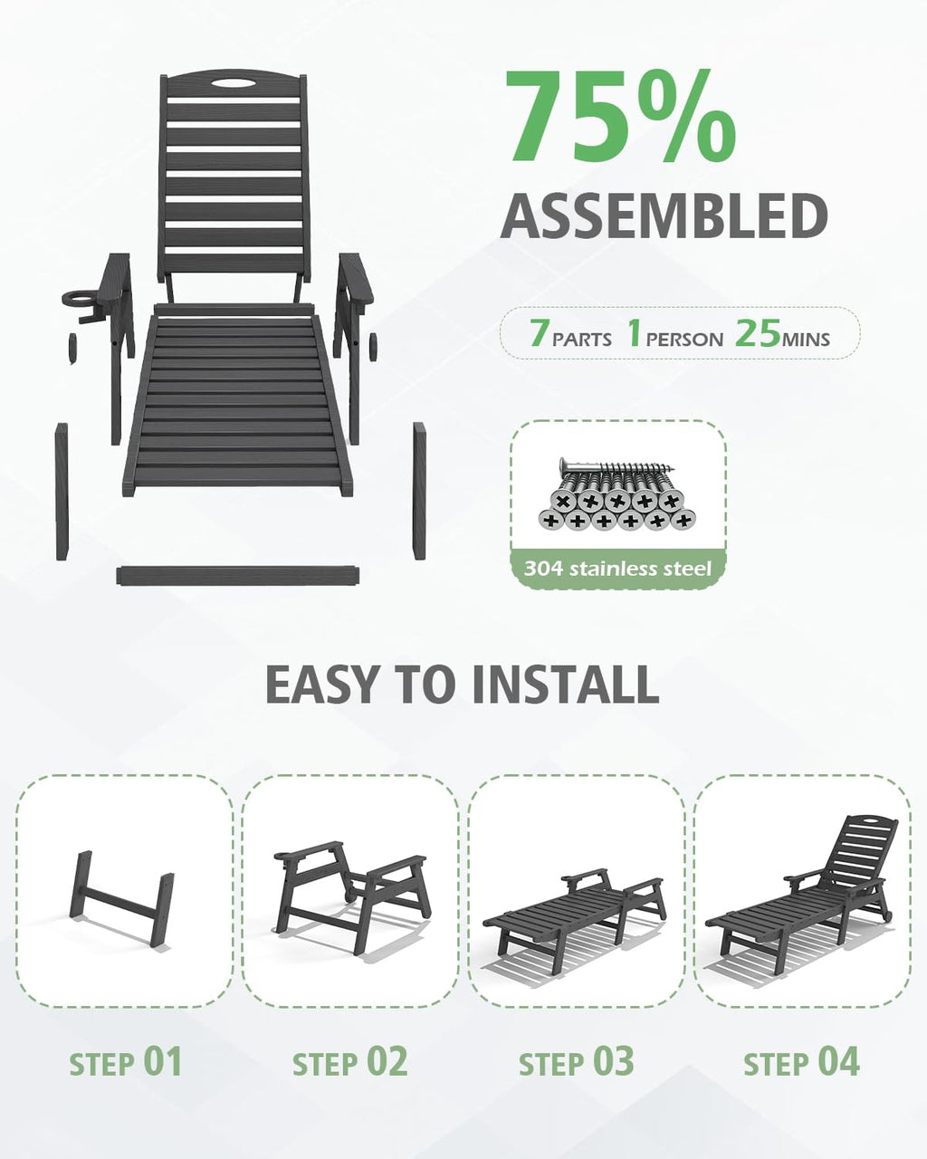 HDPE Patio Lounge Chair with Reclining Backrest - Outdoor