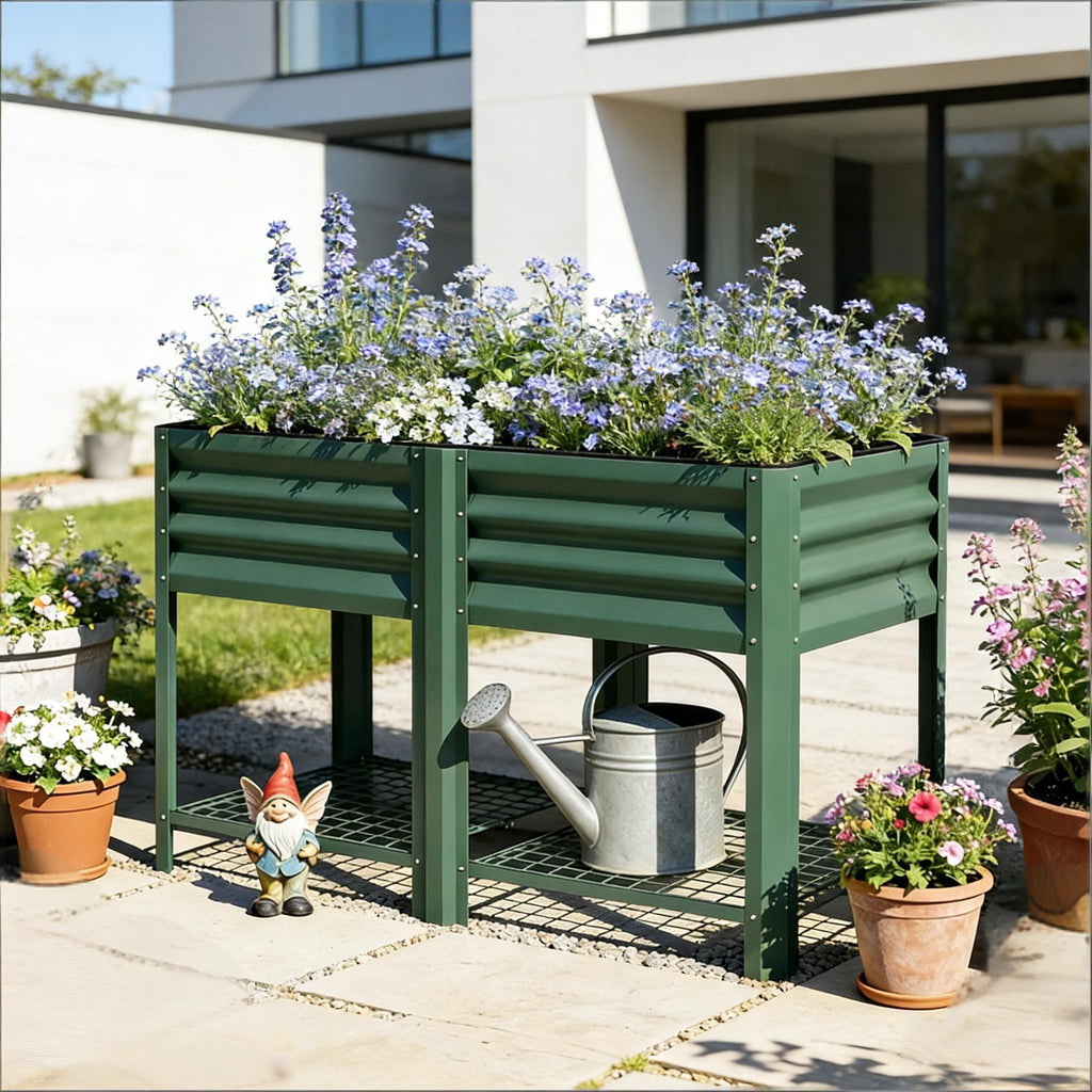 Outdoor Elevated Planter Box with Storage Shelf - Green