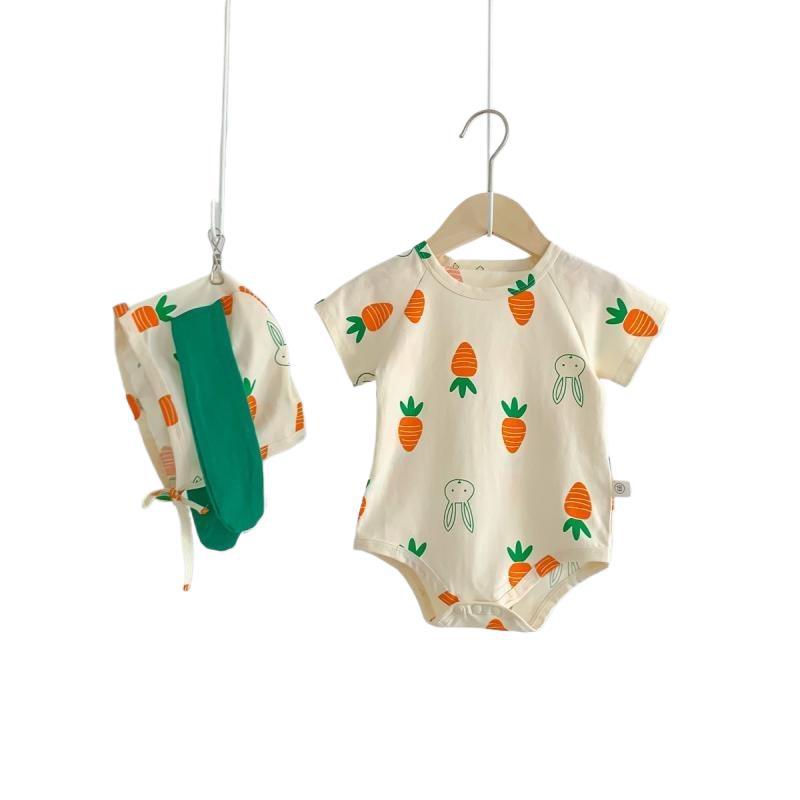Baby Girl Bunny Short Sleeve Thin Hooded Triangle Romper Onesie Spring Clothes