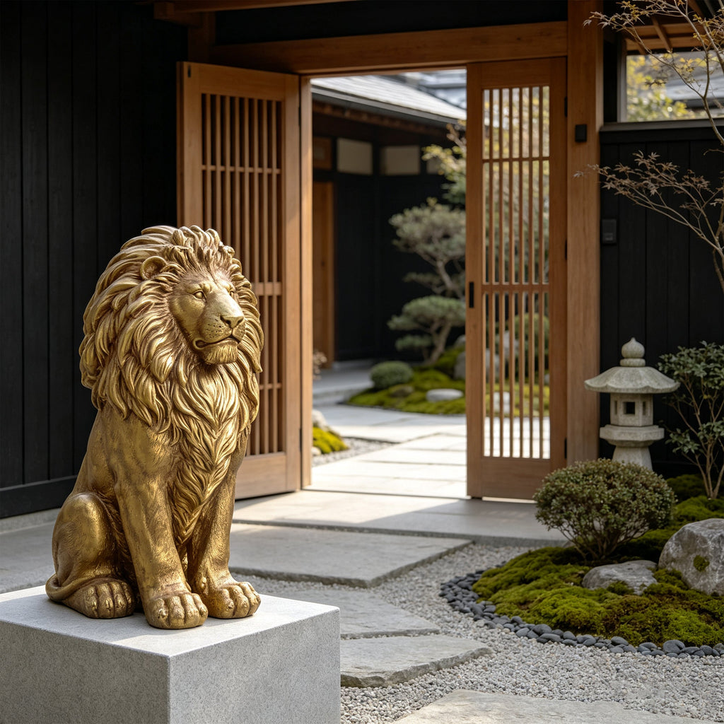 24" Outdoor Lion Statue with Magnesium Oxide Construction - Gold