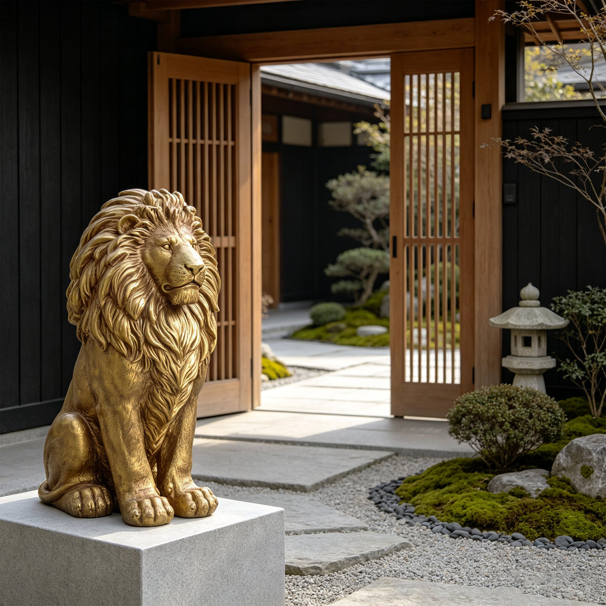 24" Outdoor Lion Statue with Magnesium Oxide Construction - Gold