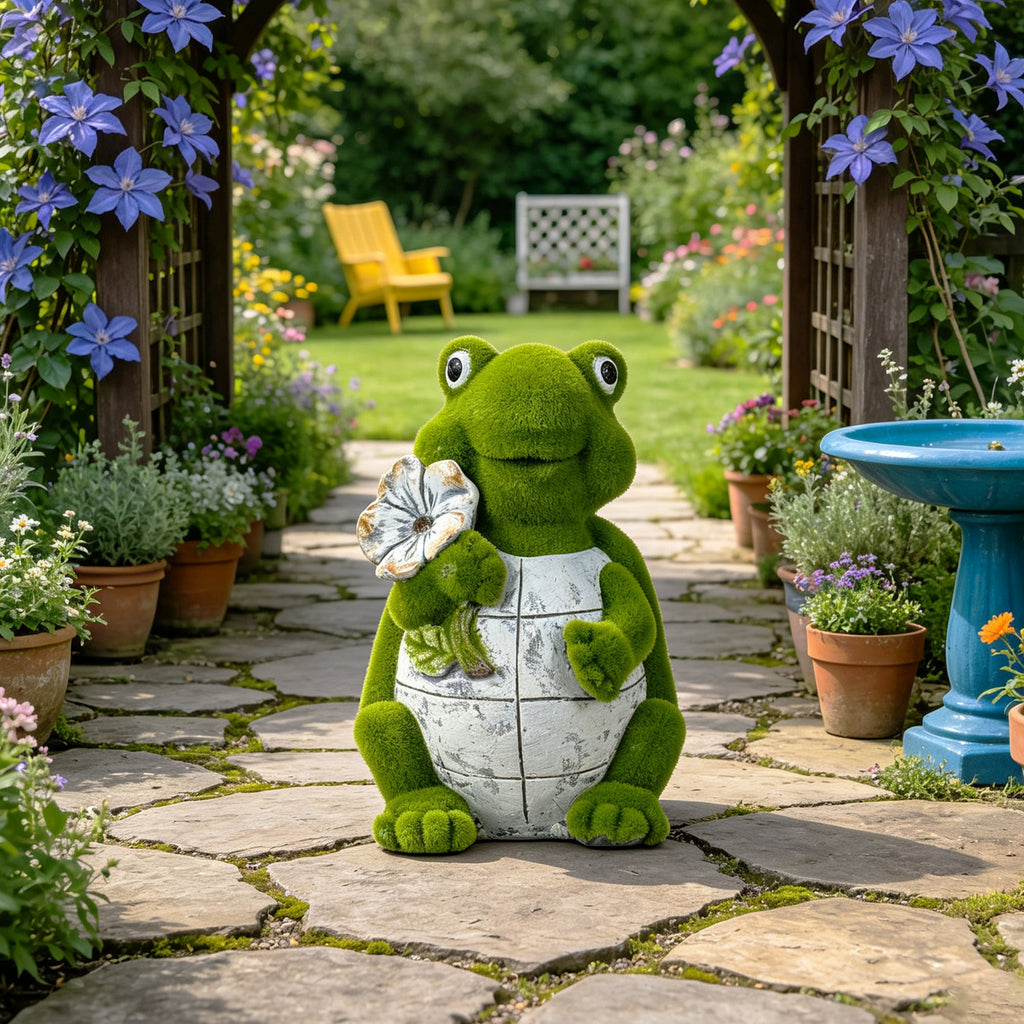 Flocked Turtle Garden Statue with Flocked Finish - Green