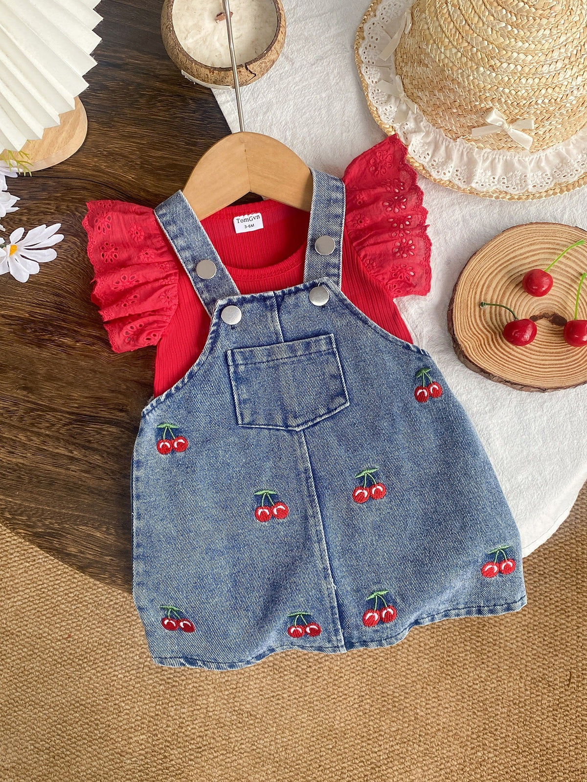 Baby Girl T-Shirt Denim Embroidered Suspender Dress Set