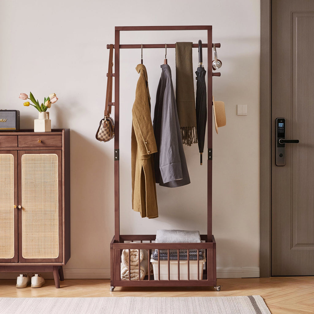 Solid Wood Freestanding Coat Rack with Rolling Wheels & Storage Basket