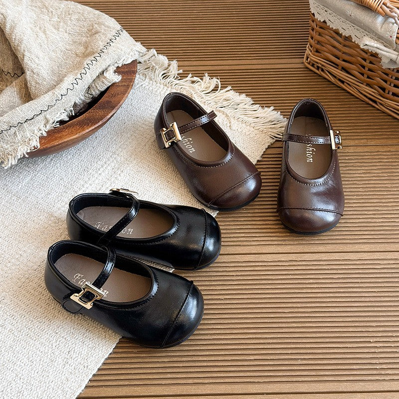 2026 Spring New Girls Leather Shoes, Black Korean Style Soft Sole Baby Flats, Retro Princess Casual Shoes For Little Girls