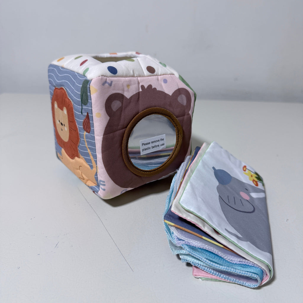 Baby Tissue Box Sensory Toy, Crinkle Activity Cube with Mirror