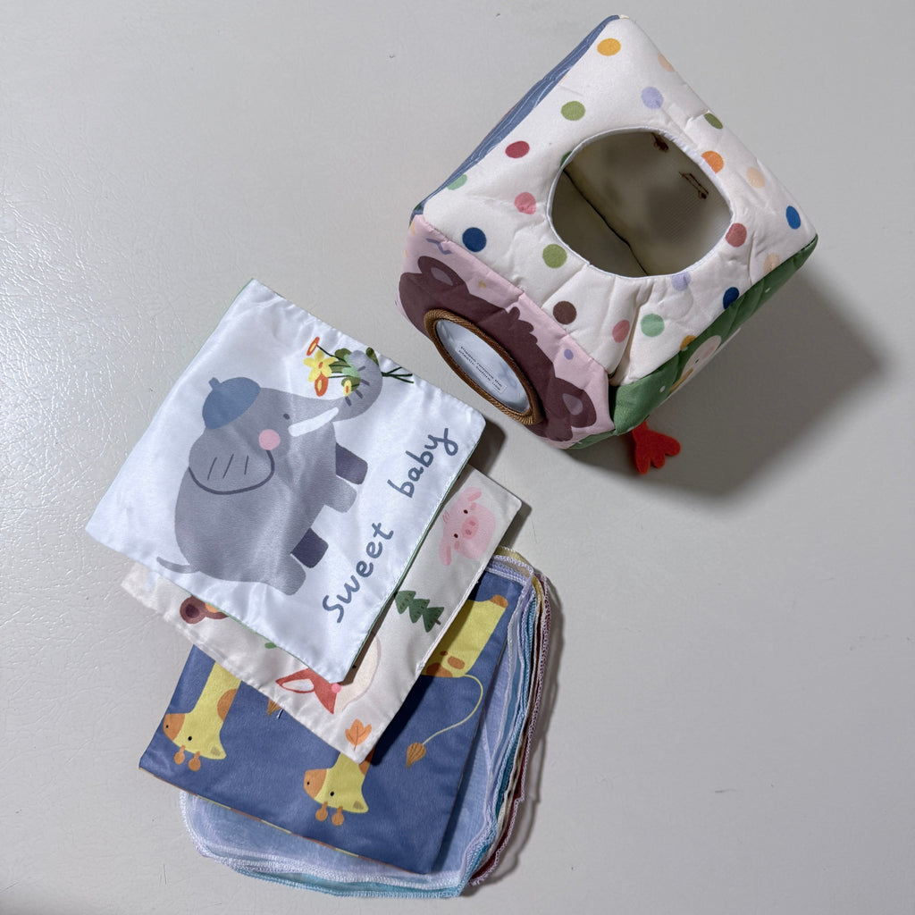 Baby Tissue Box Sensory Toy, Crinkle Activity Cube with Mirror