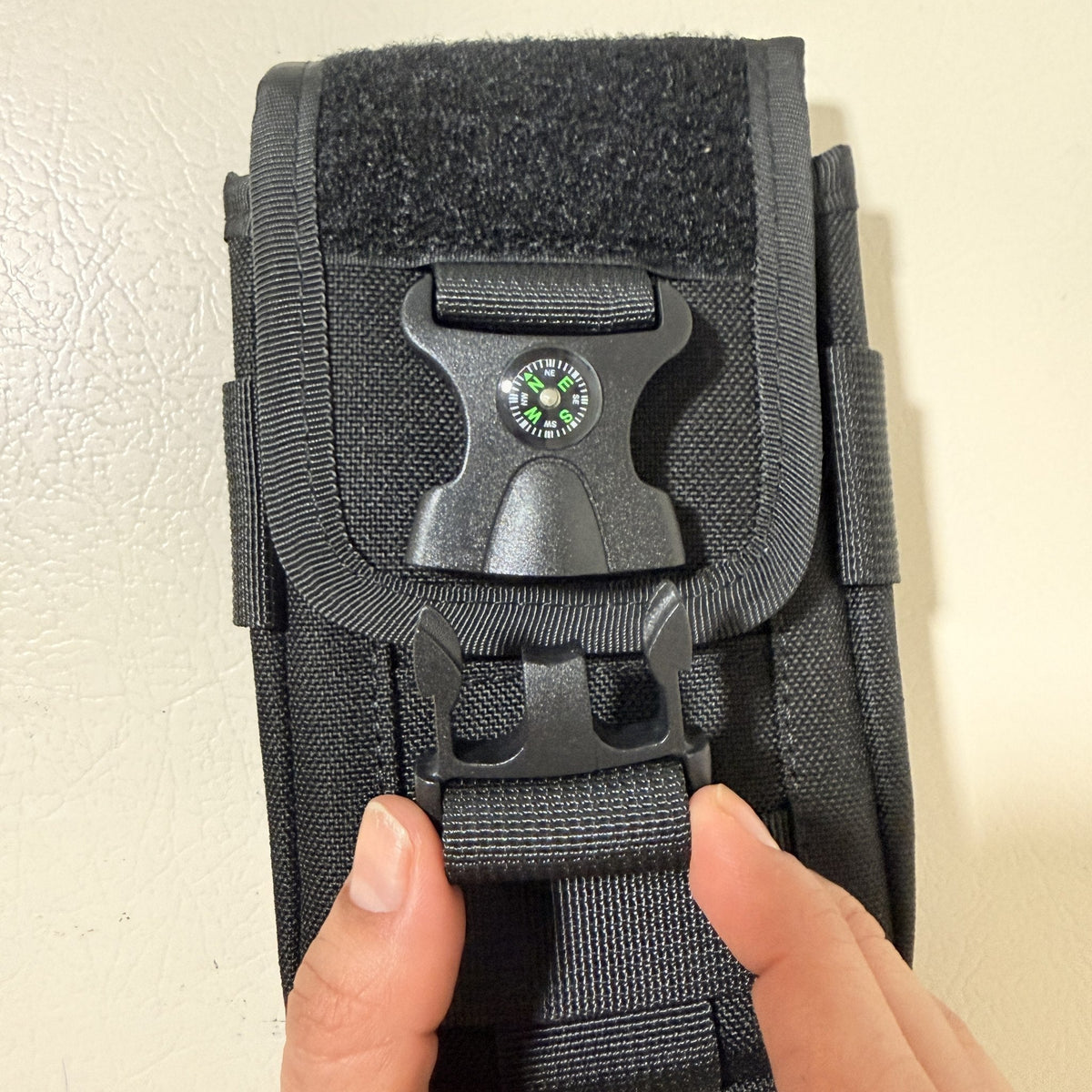 Tactical MOLLE Phone Pouch with Compass Buckle, Black, Fits 4.7-6.7 in