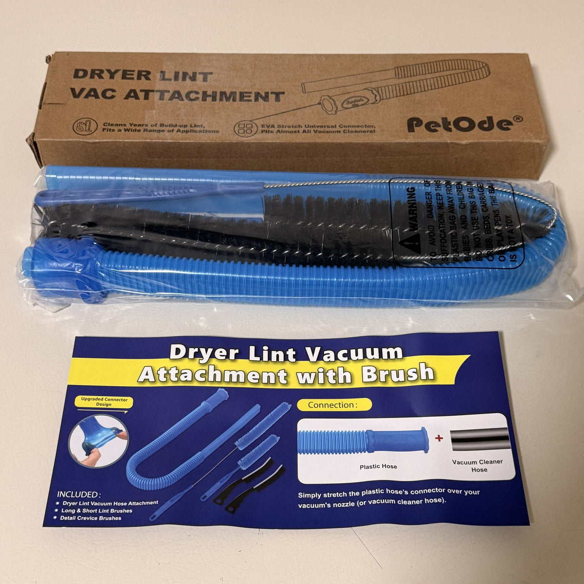 Dryer Vent Cleaner Kit, Vacuum Hose Attachment, 5 Piece, Blue