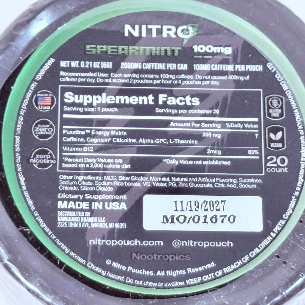 Nitro Spearmint Caffeine Pouches 100 mg, 5 Cans of 20, Exp 11/2027