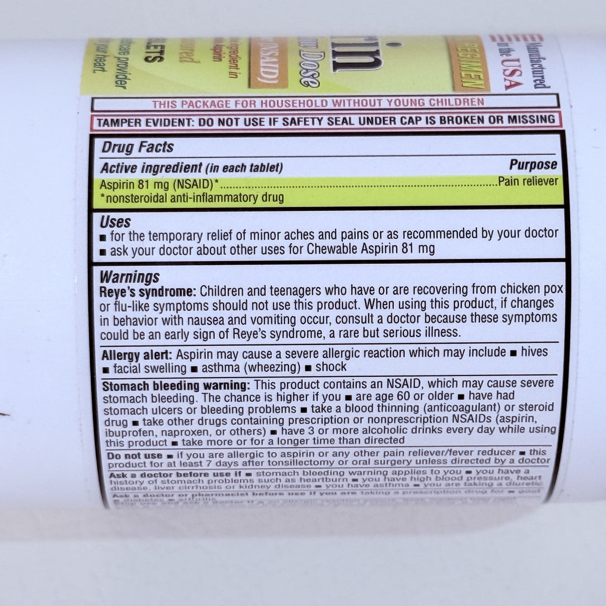 Chewable Low Dose Aspirin 81 mg, Orange, 1000 Tablets, Exp 12/2028