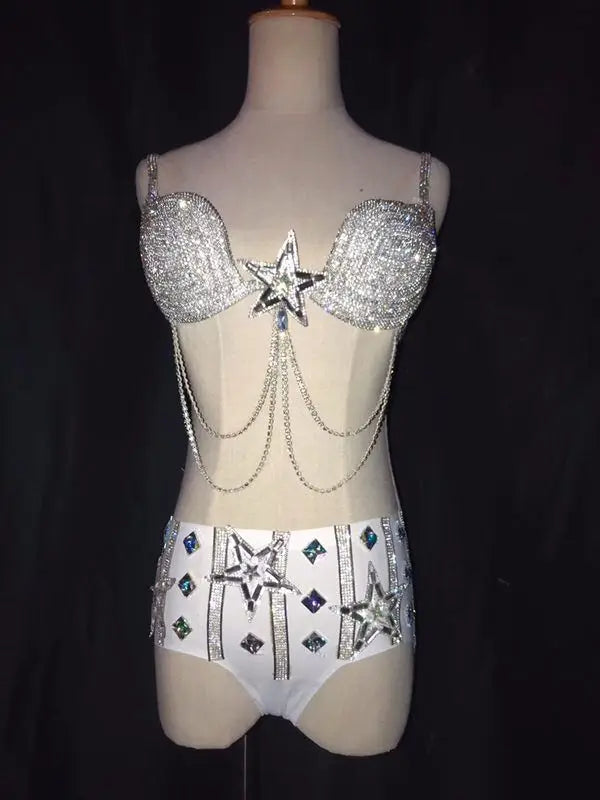 Rhinestone Crystal Bikini Rave Outfit – 2-Piece Sparkly Bra & Shorts Set for Festivals, Nightclubs & Stage Performance