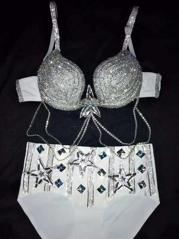 Rhinestone Crystal Bikini Rave Outfit – 2-Piece Sparkly Bra & Shorts Set for Festivals, Nightclubs & Stage Performance
