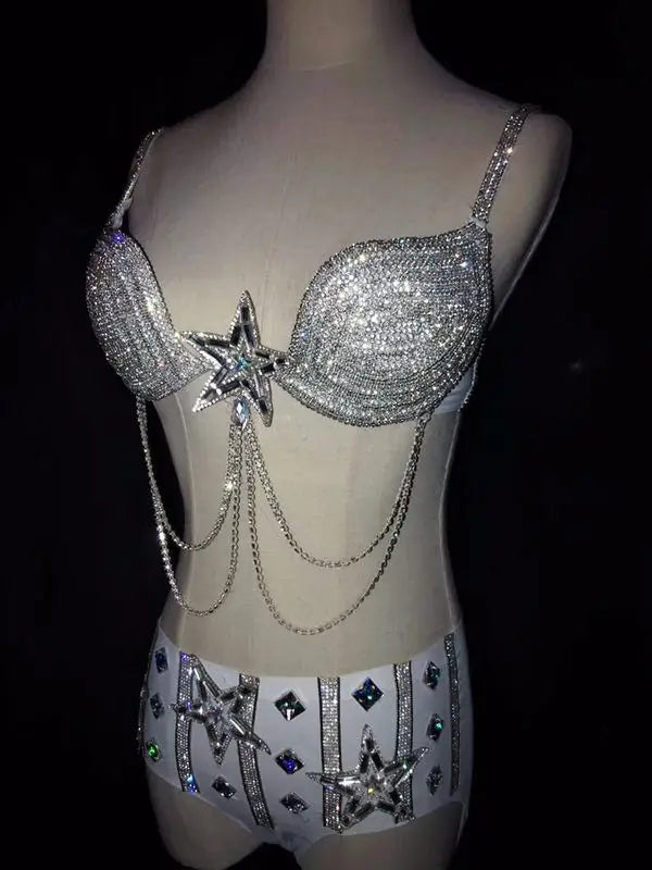 Rhinestone Crystal Bikini Rave Outfit – 2-Piece Sparkly Bra & Shorts Set for Festivals, Nightclubs & Stage Performance