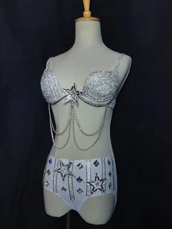 Rhinestone Crystal Bikini Rave Outfit – 2-Piece Sparkly Bra & Shorts Set for Festivals, Nightclubs & Stage Performance