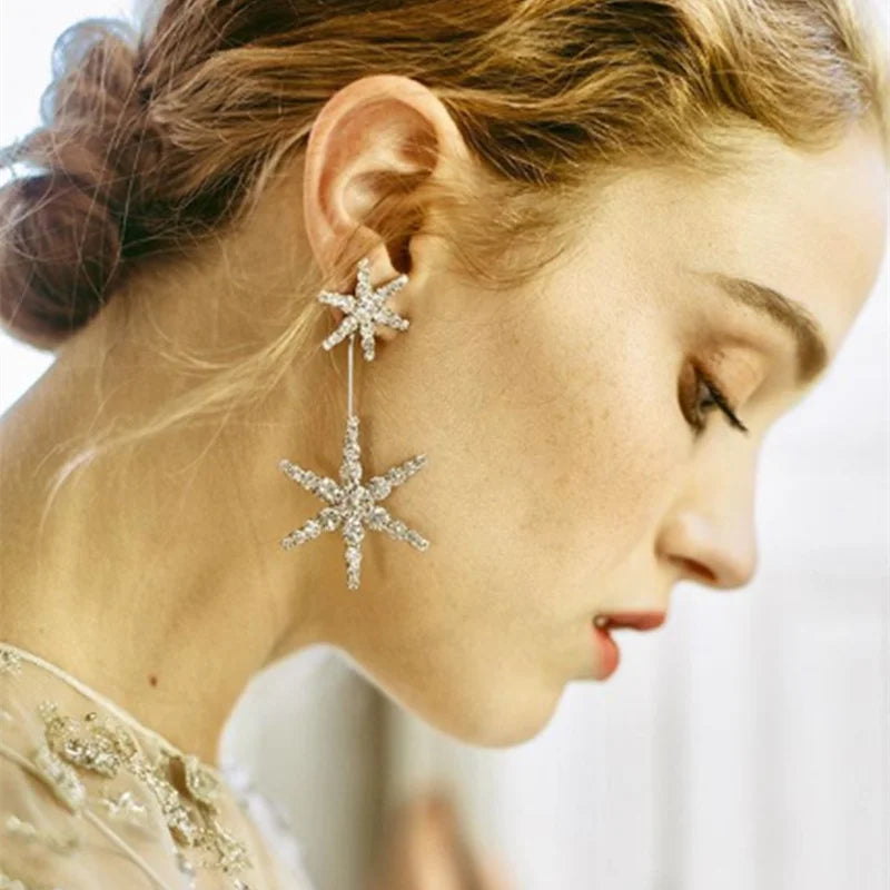Rhinestone Star Dangle Earrings for Women – Clear Crystal Star Drop Earrings in Gold & Silver