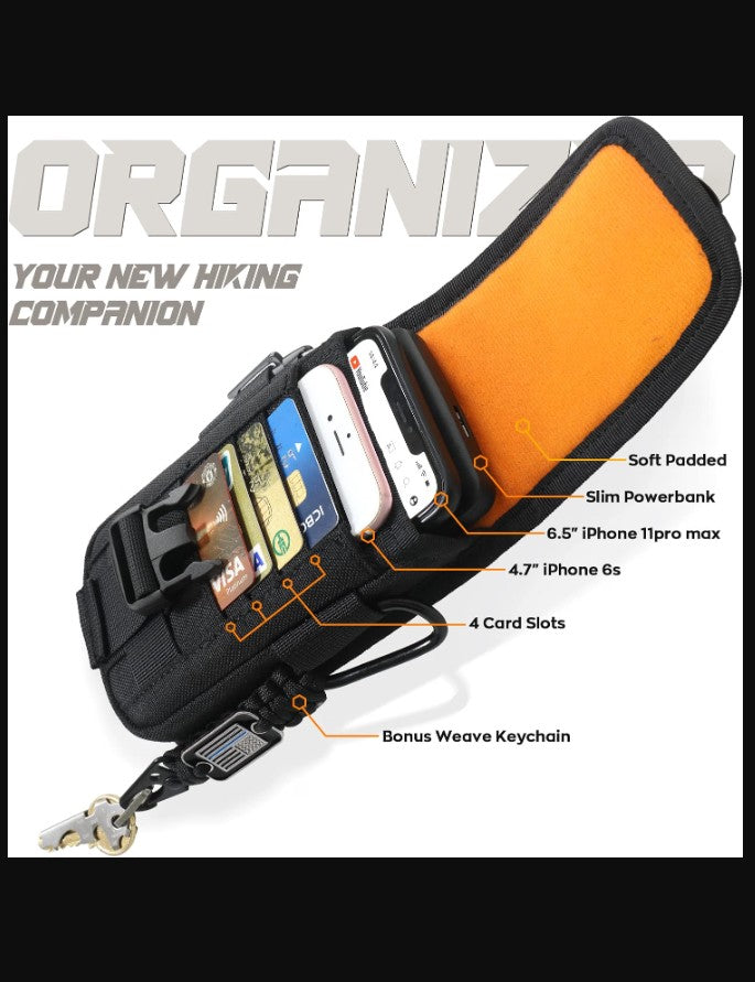 Tactical MOLLE Phone Pouch with Compass Buckle, Black, Fits 4.7-6.7 in