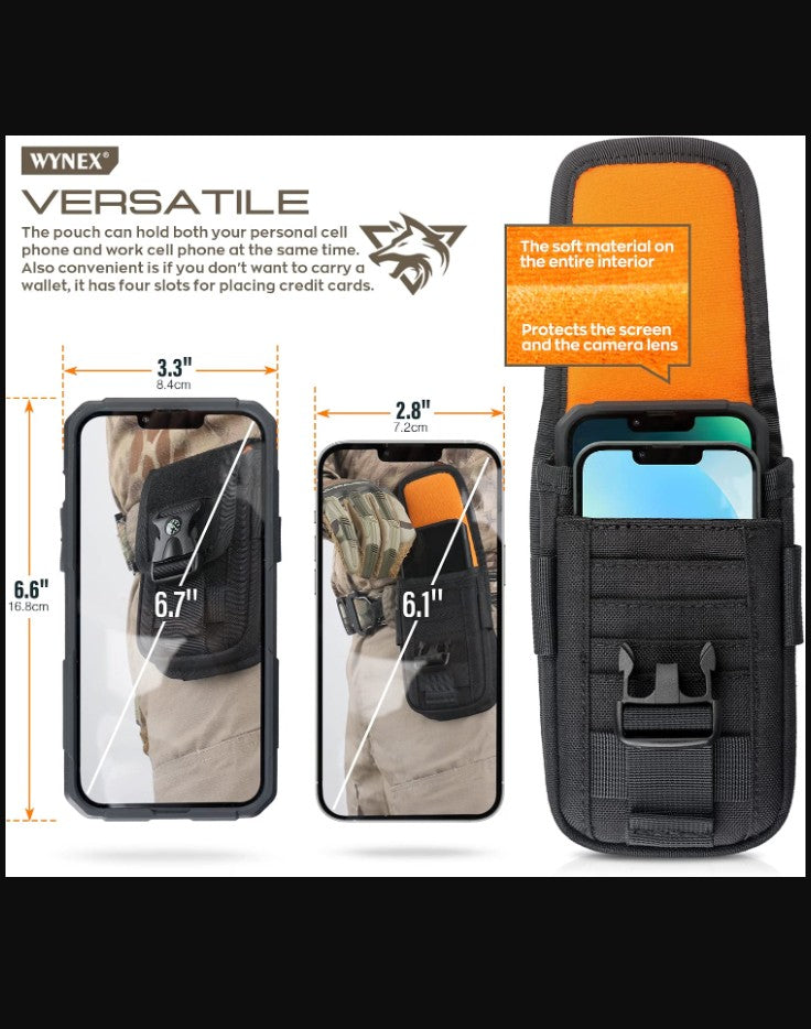 Tactical MOLLE Phone Pouch with Compass Buckle, Black, Fits 4.7-6.7 in