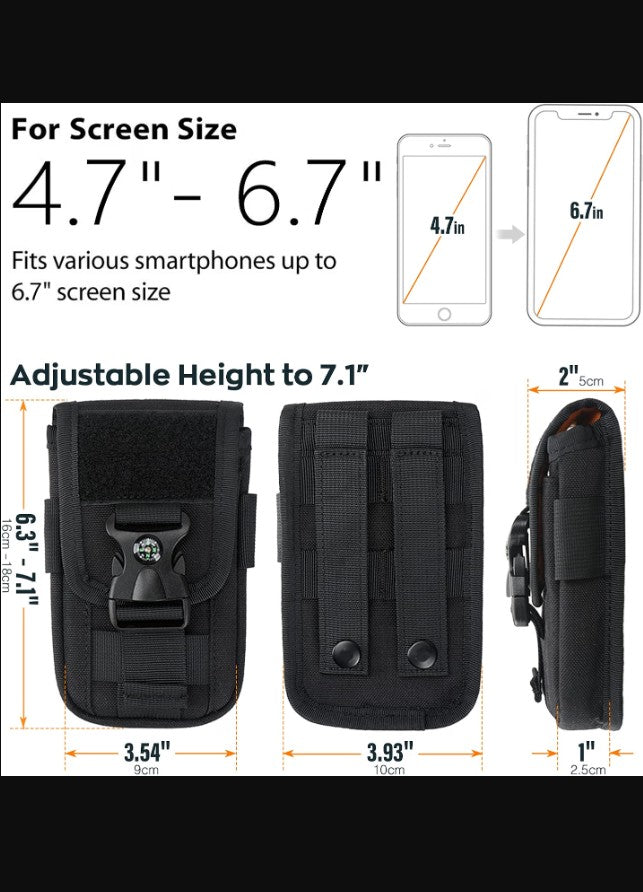 Tactical MOLLE Phone Pouch with Compass Buckle, Black, Fits 4.7-6.7 in
