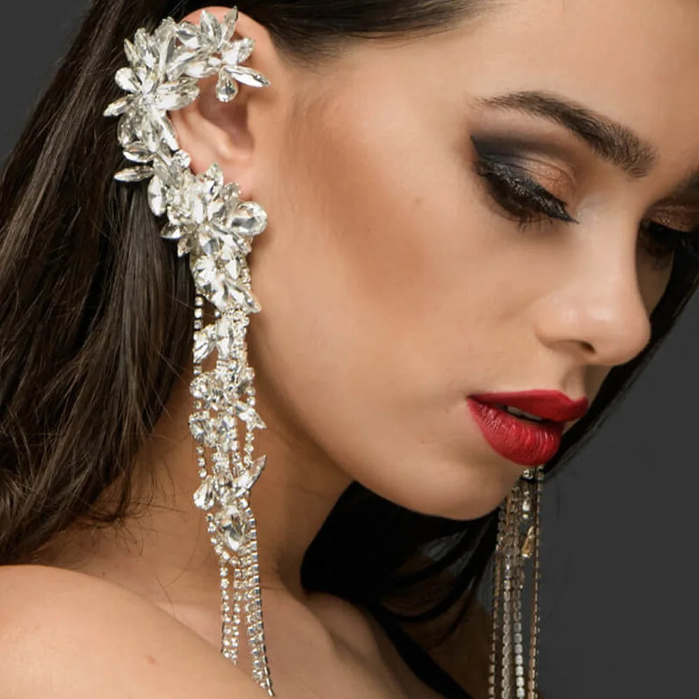 Geometric Tassel Ear Cuffs - No Piercing Clip-On Crystal Earrings for Women, Bridal & Party Jewelry