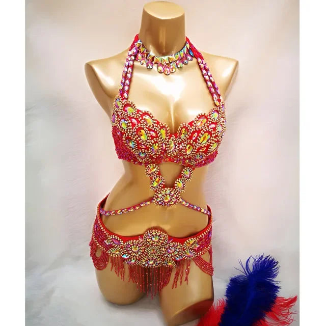 Samba Beaded Belly Dance Costume Set – Women's Bra & Waist Belt for Carnival, Stage & Performance