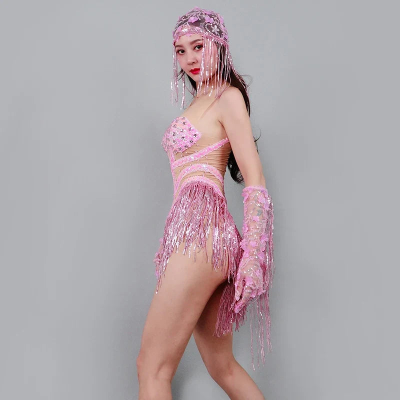 Sexy Pink Fringe Bodysuit – Women's GoGo Dance, Nightclub & Rave Performance Outfit