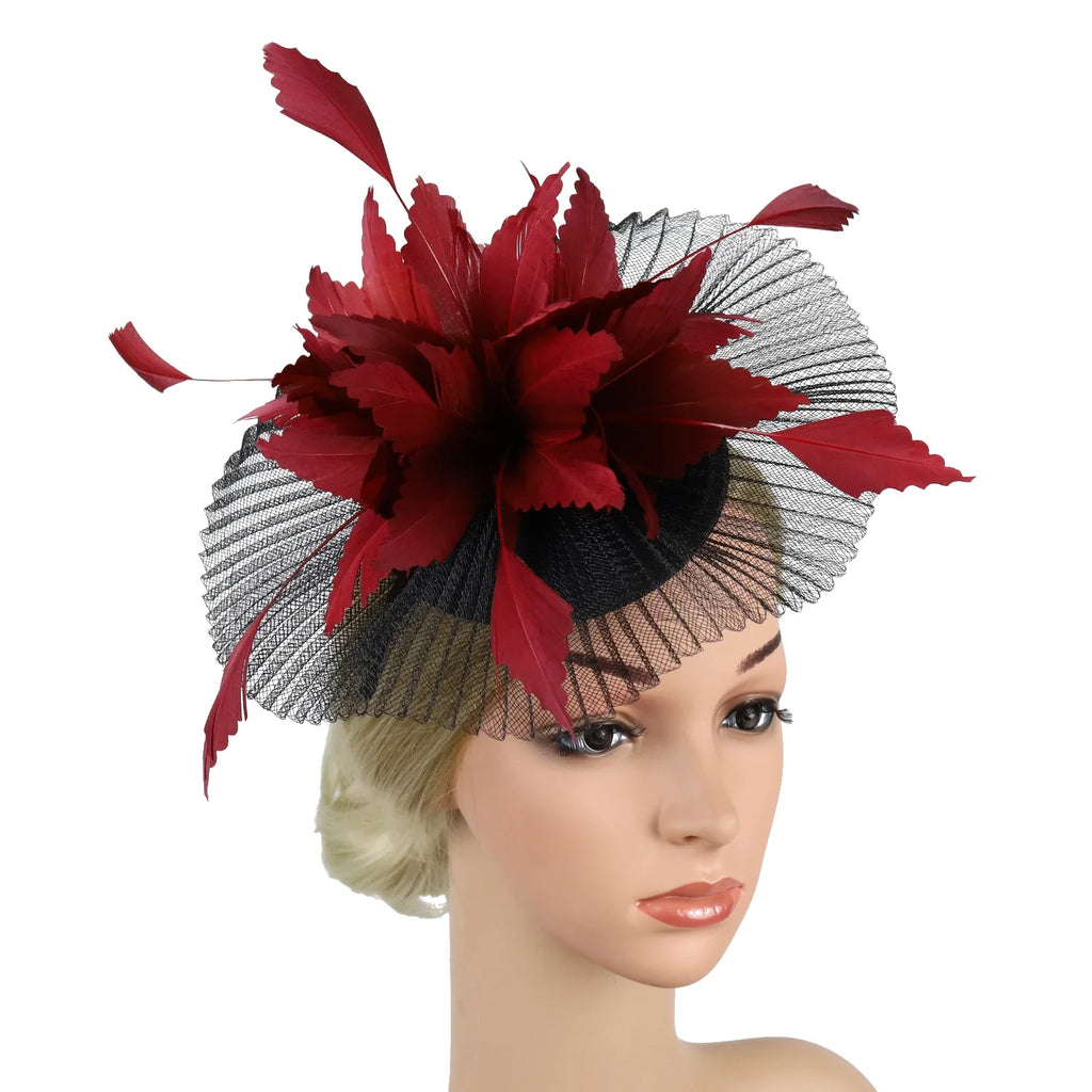 Women's Feather Flower Fascinator Hat with Bridal Net Veil