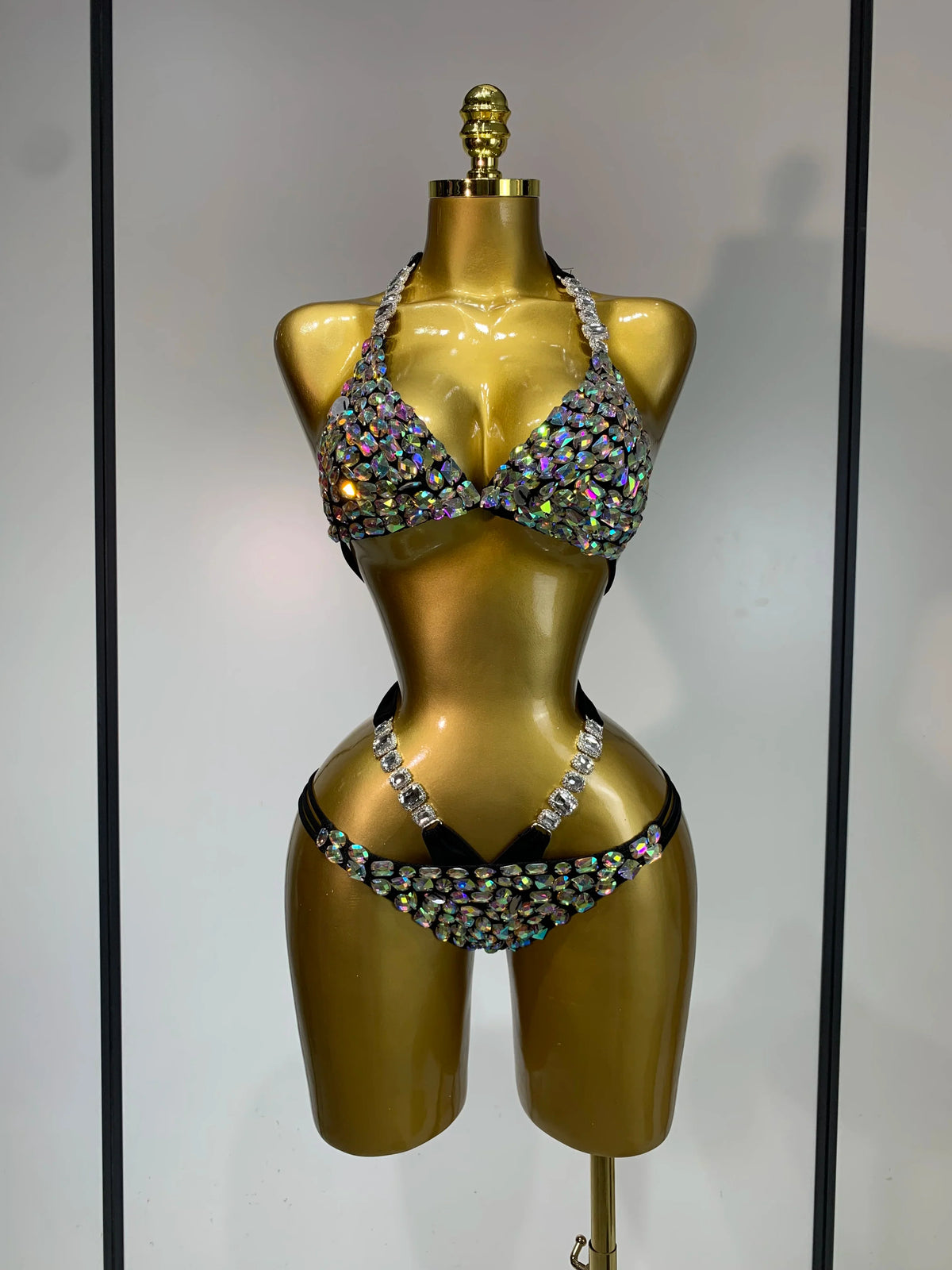 Women Crystal Rhinestone Halter Bikini Stage Performance Costume Set
