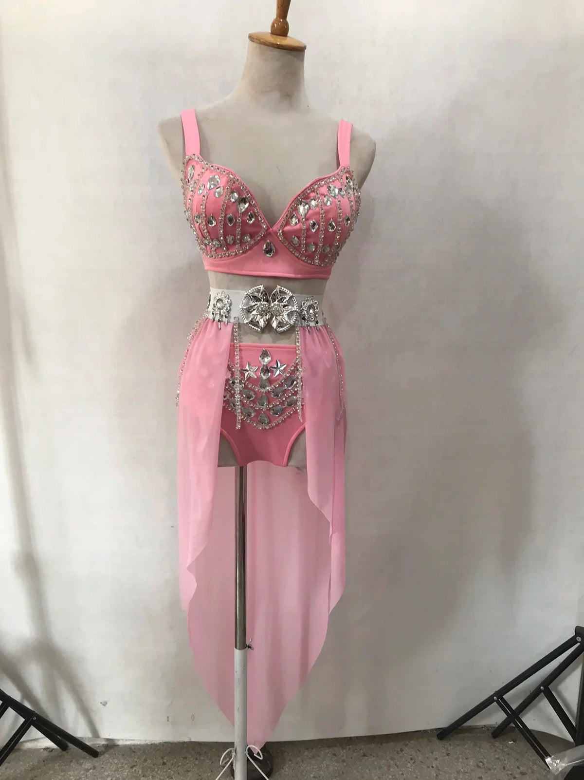 Women's Rhinestone Two-Piece Dance Costume | Stage Performance Top & Shorts