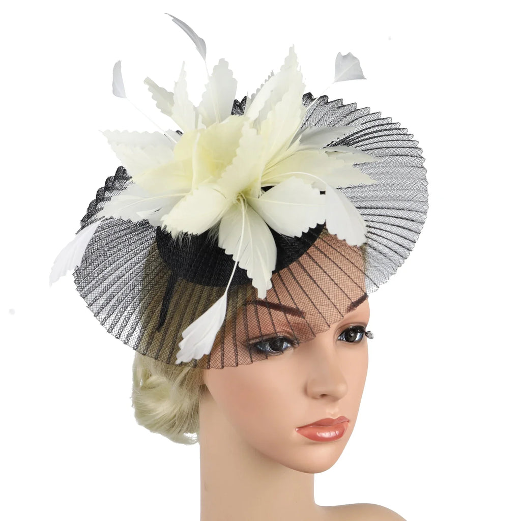 Women's Feather Flower Fascinator Hat with Bridal Net Veil