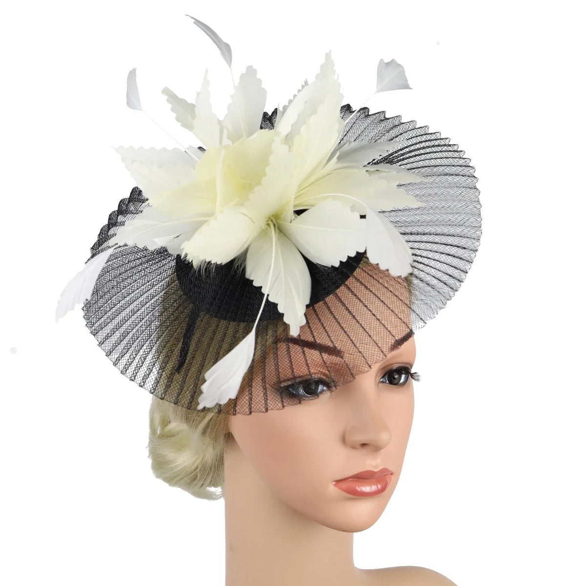 Women's Feather Flower Fascinator Hat with Bridal Net Veil
