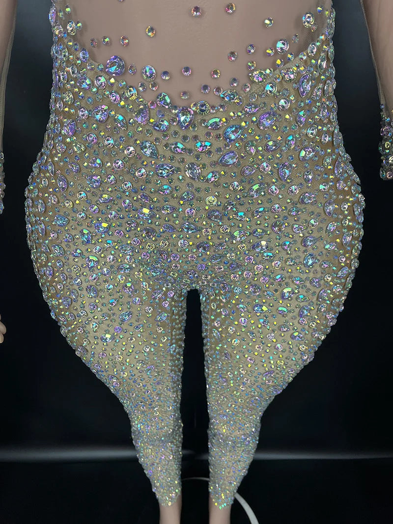 Women's Rhinestone Mesh Jumpsuit | Sheer Party & Stage Outfit