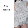 Rhinestone Bodysuit & Coat Set - Women's White Nightclub Dance Costume for Rave, Stage & Gogo Performance