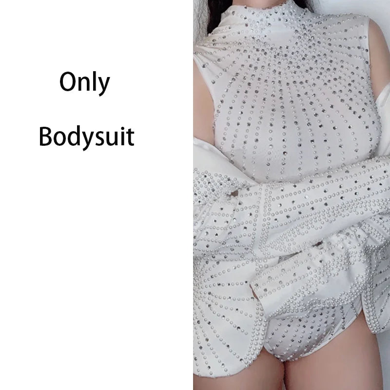 Rhinestone Bodysuit & Coat Set - Women's White Nightclub Dance Costume for Rave, Stage & Gogo Performance