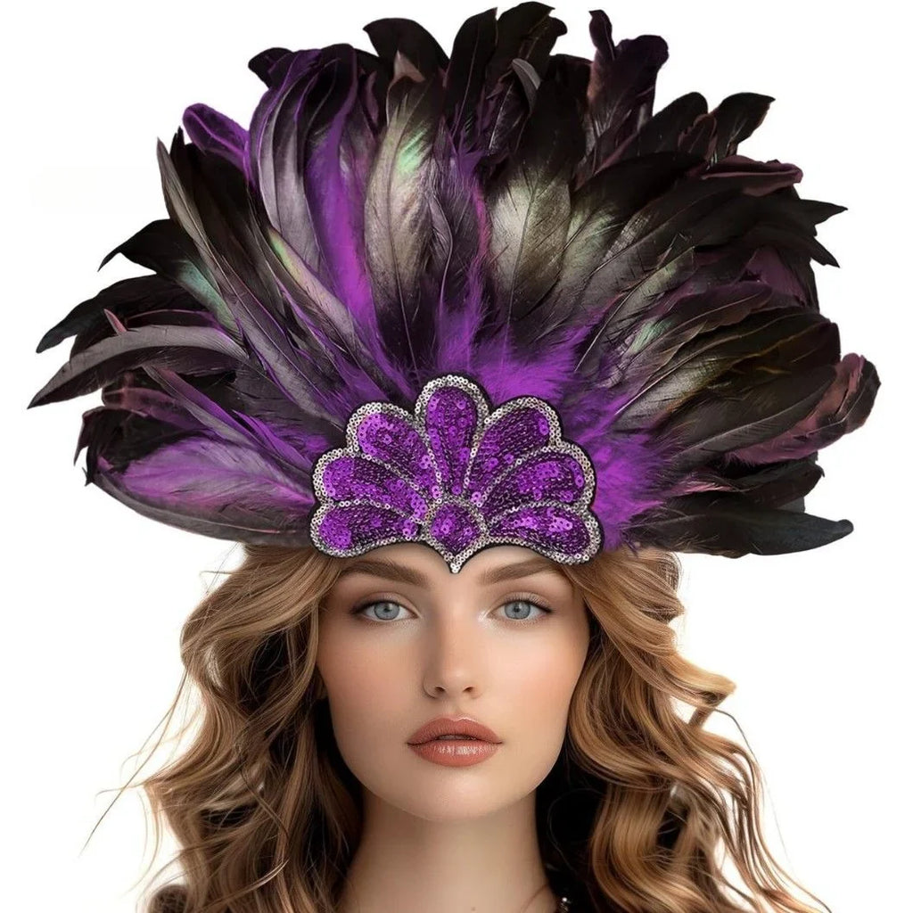 Mardi Gras Feather Crown Headband for Women | Glitter Sequin Carnival Hair Accessory
