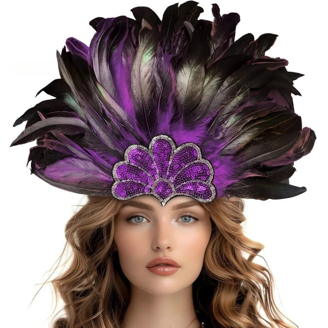 Mardi Gras Feather Crown Headband for Women | Glitter Sequin Carnival Hair Accessory