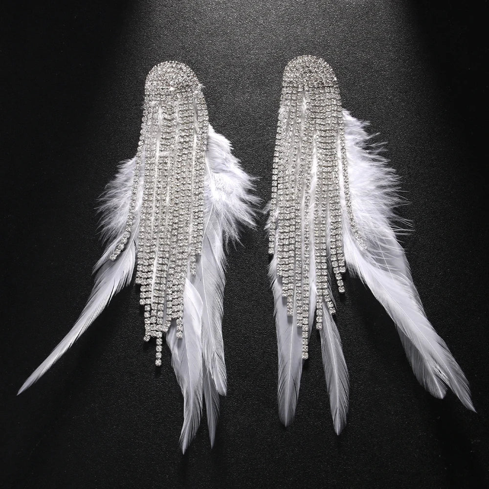 Boho Tassel Feather Drop Earrings – Crystal Dangle Earrings for Women, Gold or Silver Plated Bridal & Wedding Jewelry