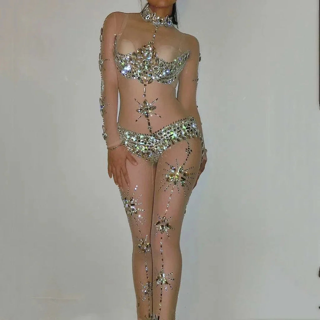 Crystal Rhinestone Sheer Jumpsuit – Stretch Sparkly Bodysuit for Stage, Dance, Drag & Party