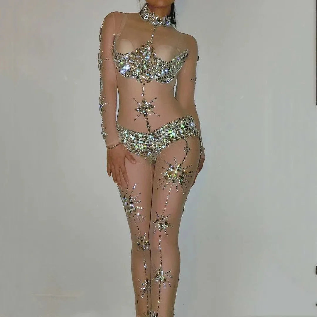 Crystal Rhinestone Sheer Jumpsuit – Stretch Sparkly Bodysuit for Stage, Dance, Drag & Party