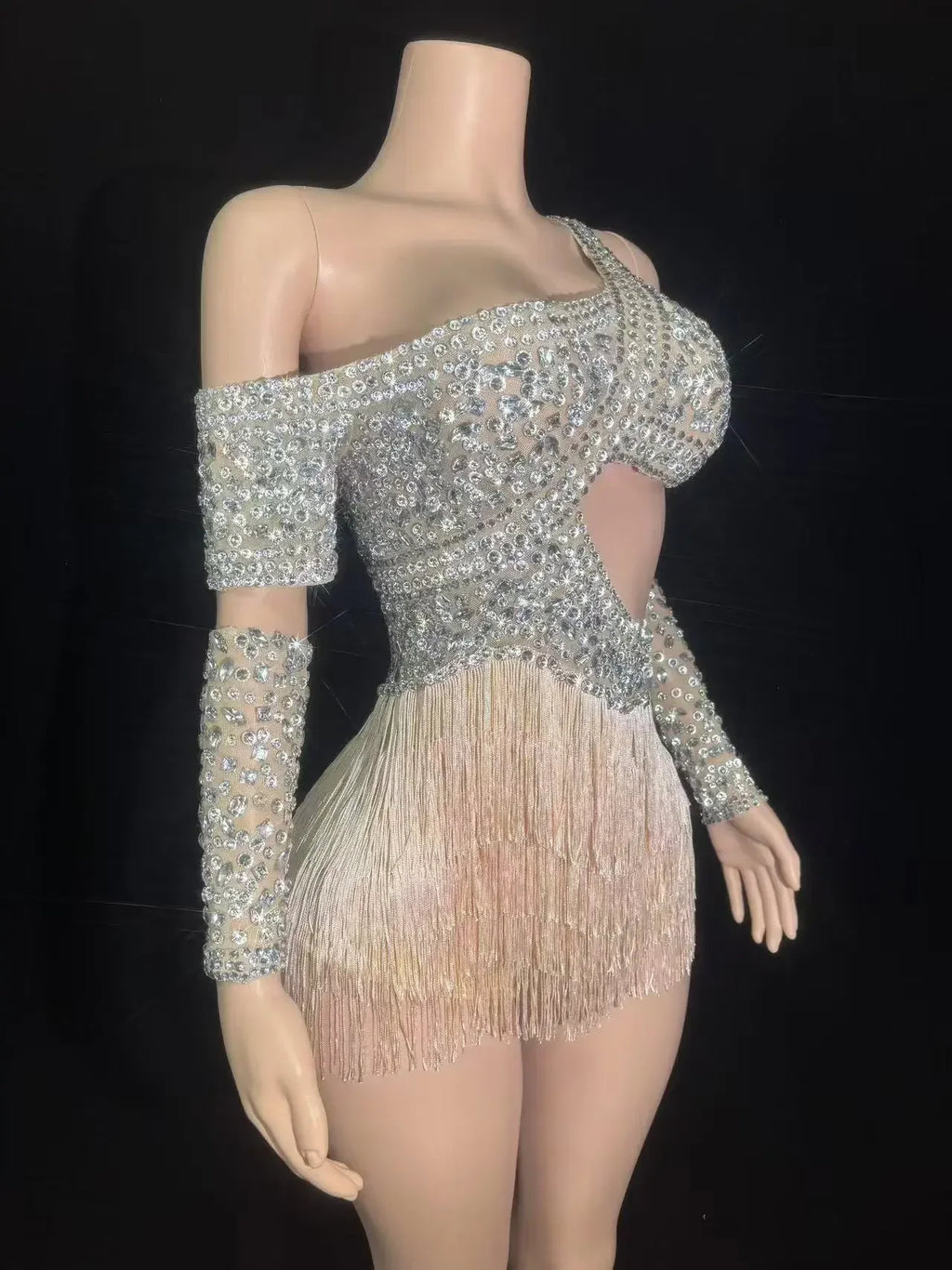 Silver Rhinestone Tassel Jumpsuit for Women