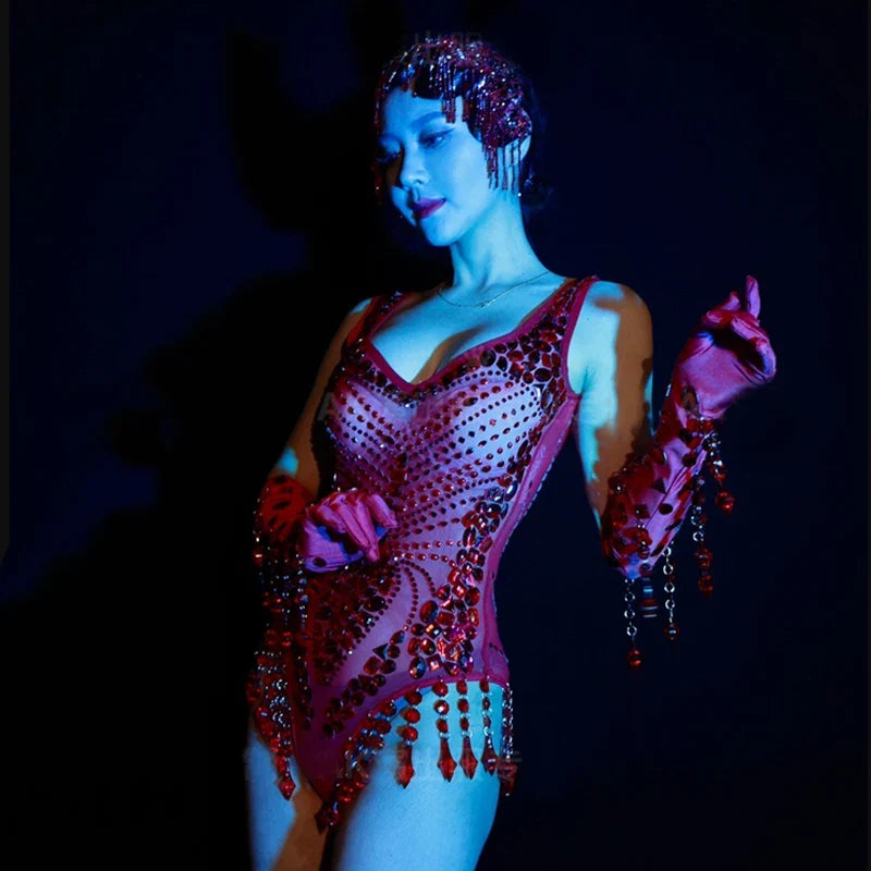 Women's Red Rhinestone Bodysuit & Gloves Dance Costume