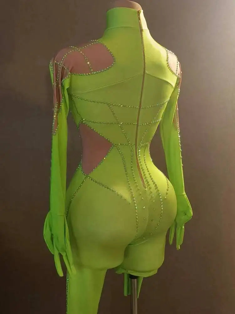 Sparkly Rhinestone Jumpsuit with Long Sleeve Gloves – Sexy Stretchy Bodysuit for Nightclub, Stage & Performance
