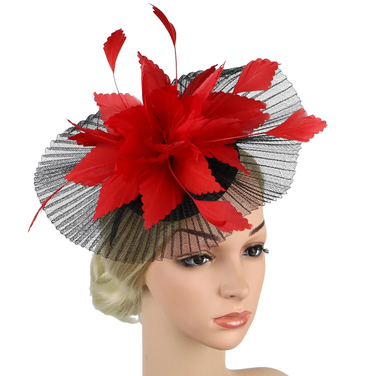 Women's Feather Flower Fascinator Hat with Bridal Net Veil