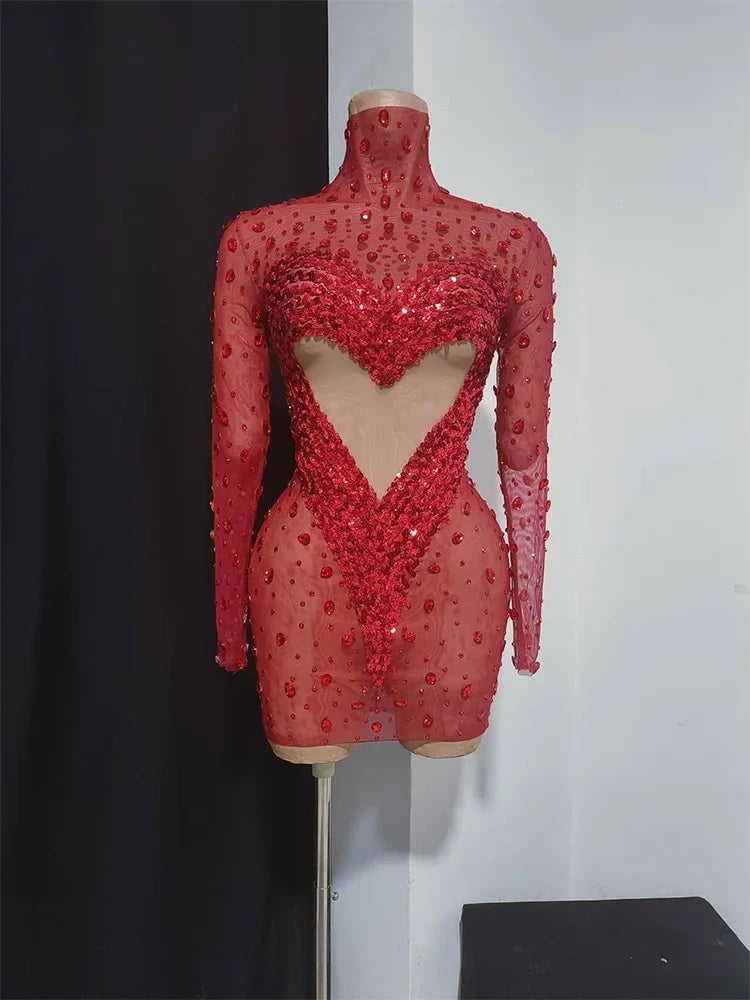 Crystal Rhinestone Mesh Long Sleeve Vintage Inspired Dress with Sequins and Skirt