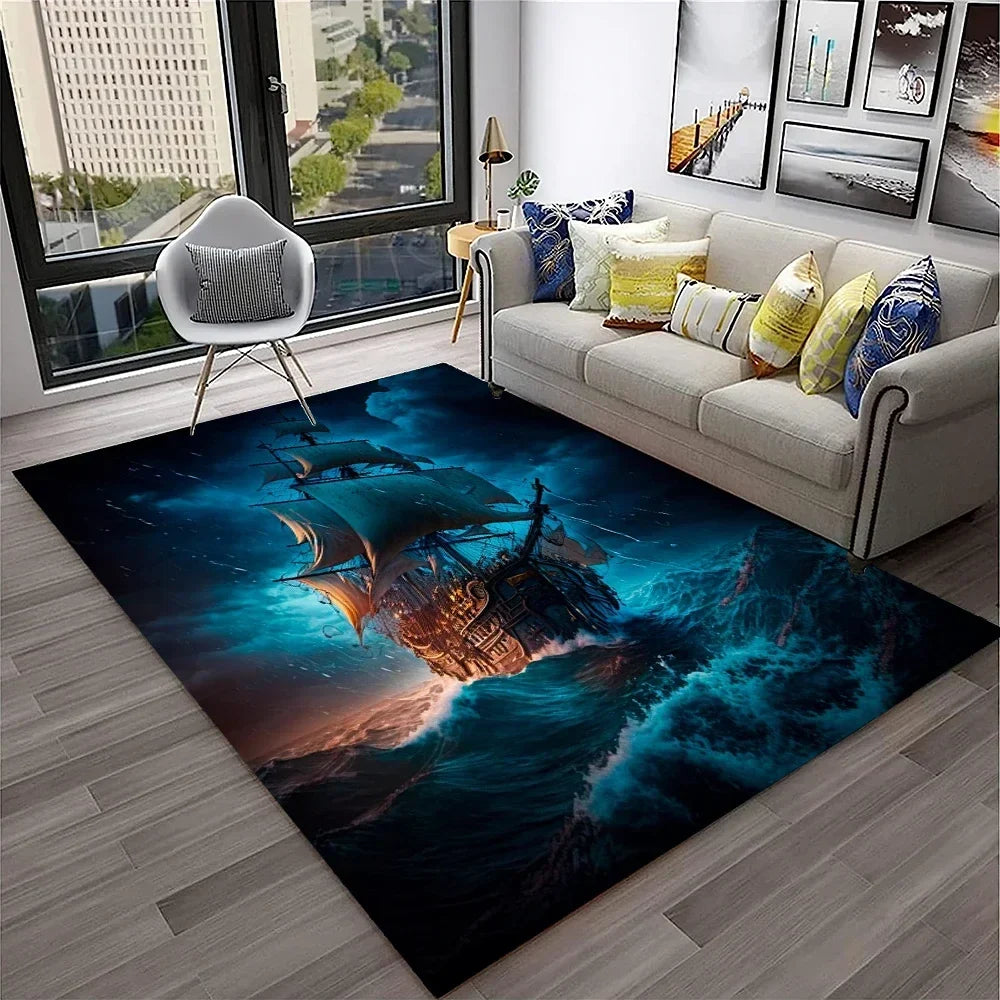 3D Pirate Ship Boat,Sailboat,Barque Carpet Rug for Home Living Room Bedroom Sofa Doormat Decor,kids Area Rug Non-slip Floor Mat