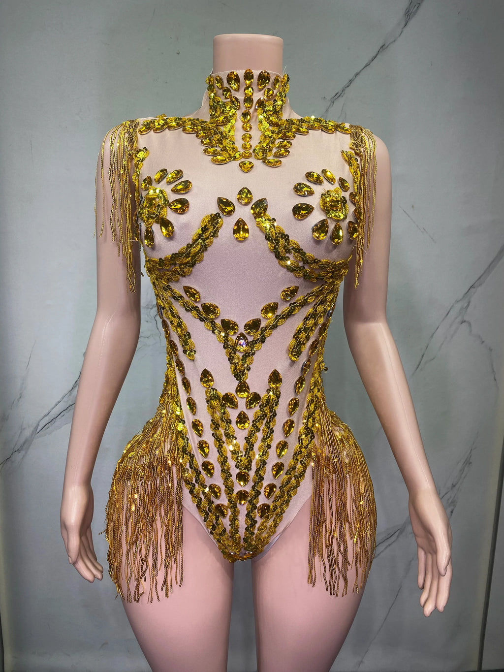 Sheer Mesh Rhinestone Performance Bodysuit for Women
