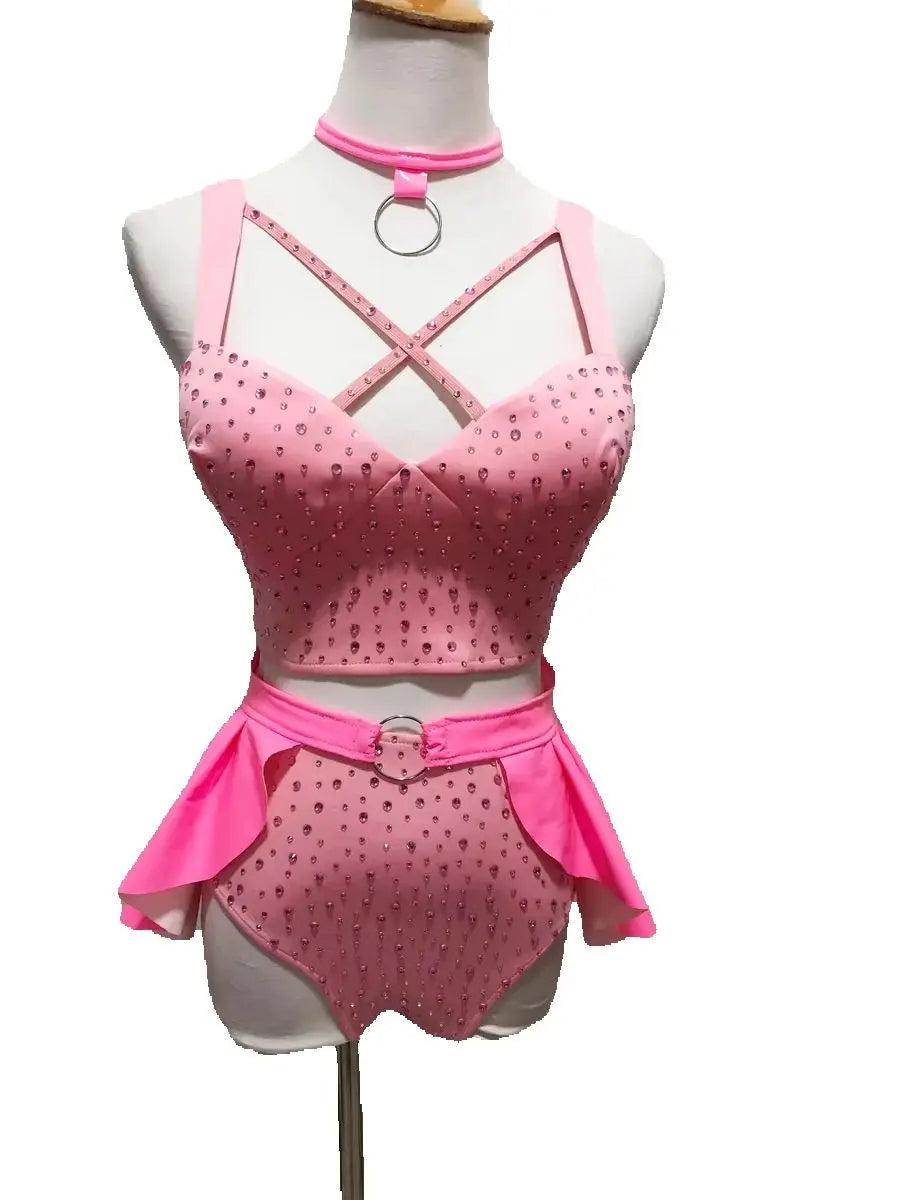 Pink Stage Dance Bodysuit with Flared Hip Panels | Performance Costume